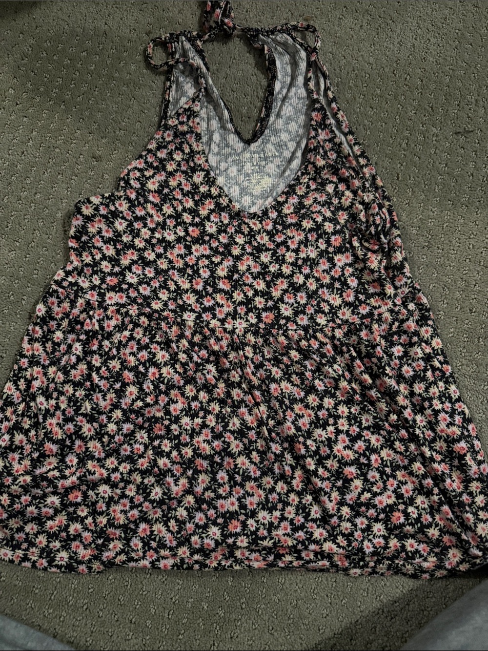 American Eagle Outfitters Black Halter Floral Camisole with Pink Daisies